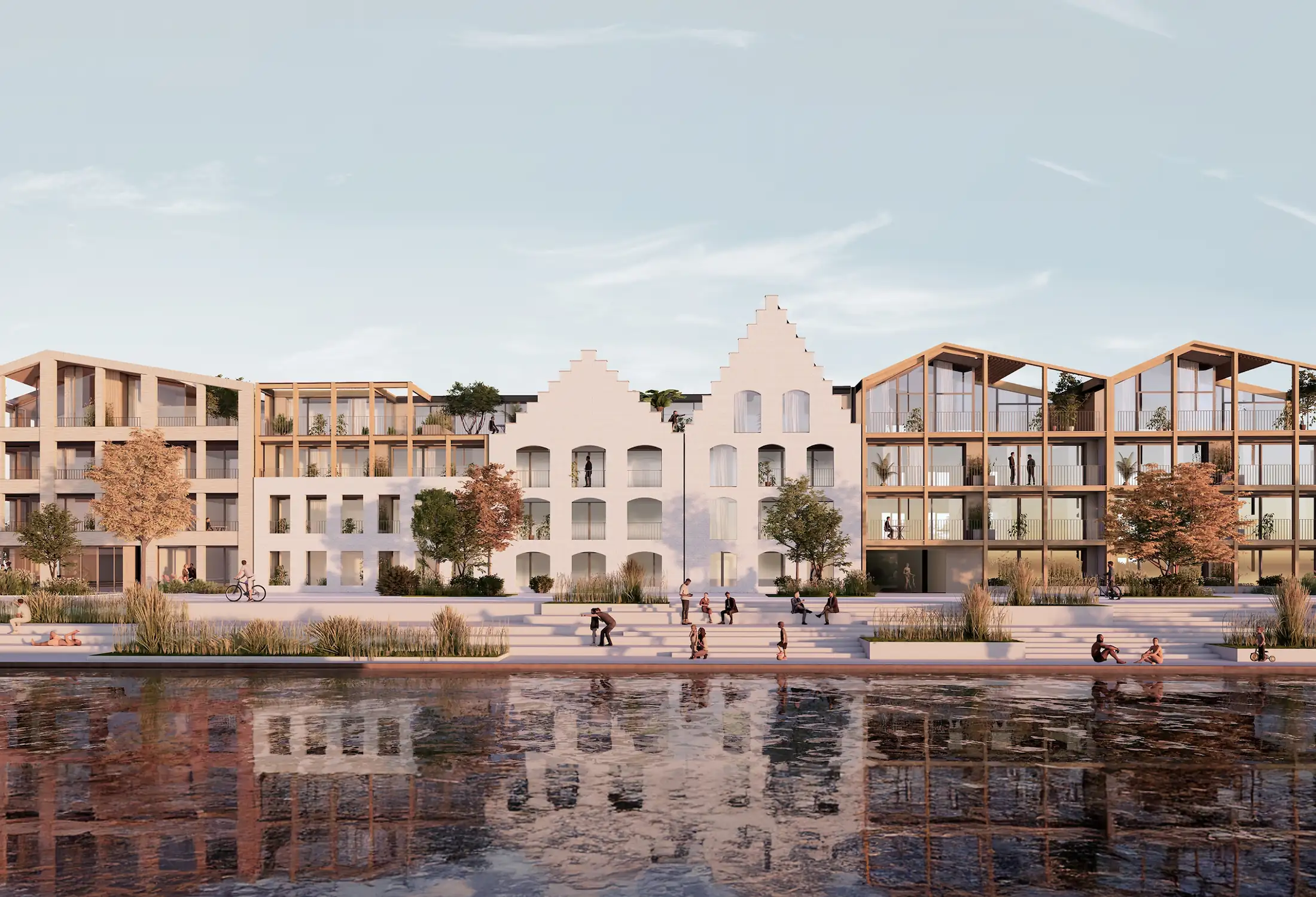 Architecturaal complex aan waterkant met traditionele trapgevels en moderne constructies in lichte tinten, reflecterend in het water.