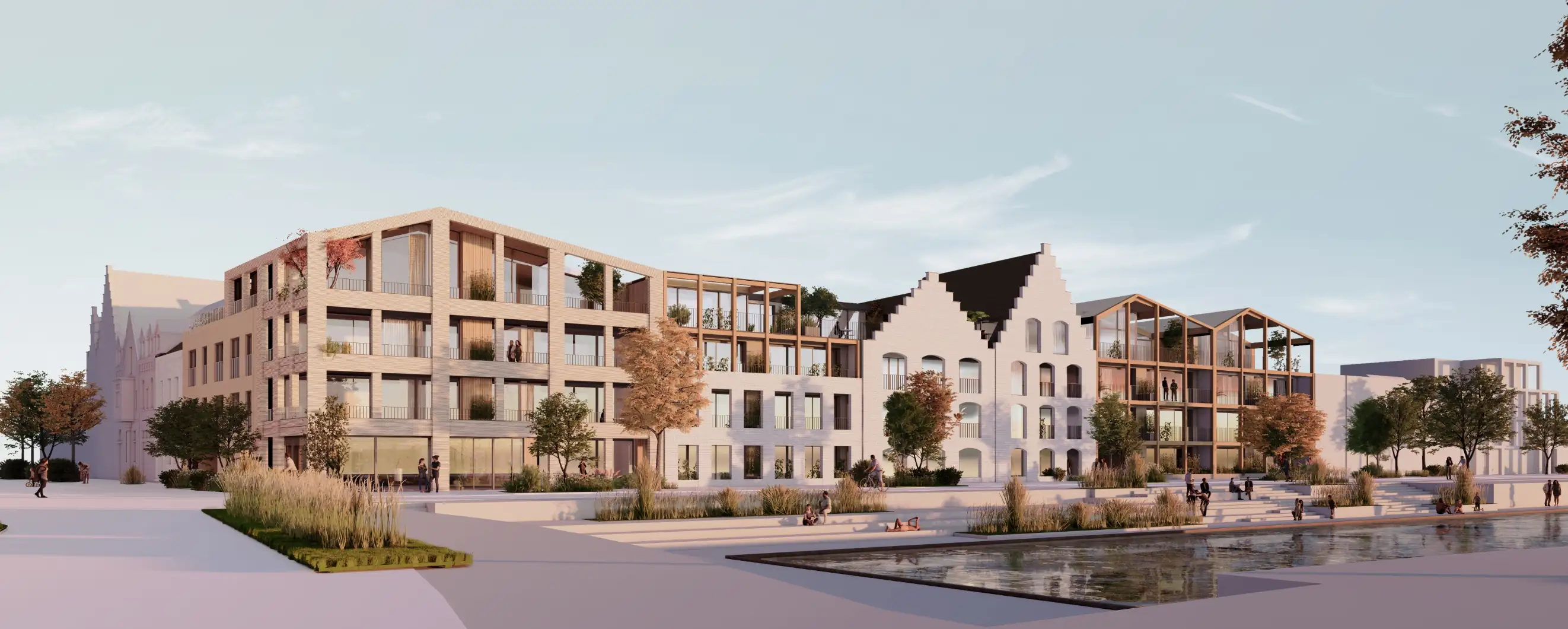 Modern wooncomplex aan het water met lichtgekleurde gebouwen, traditionele en hedendaagse architectuurelementen, omgeven door groenvoorzieningen.